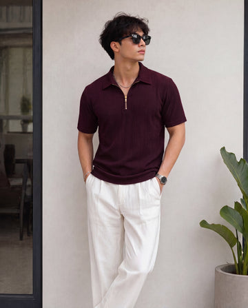Men’s Premium Textured Quarter-Zip Polo T-Shirt - Brown