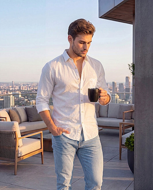 Men's Premium Slub Linen-Blend Long Sleeve Shirt - White