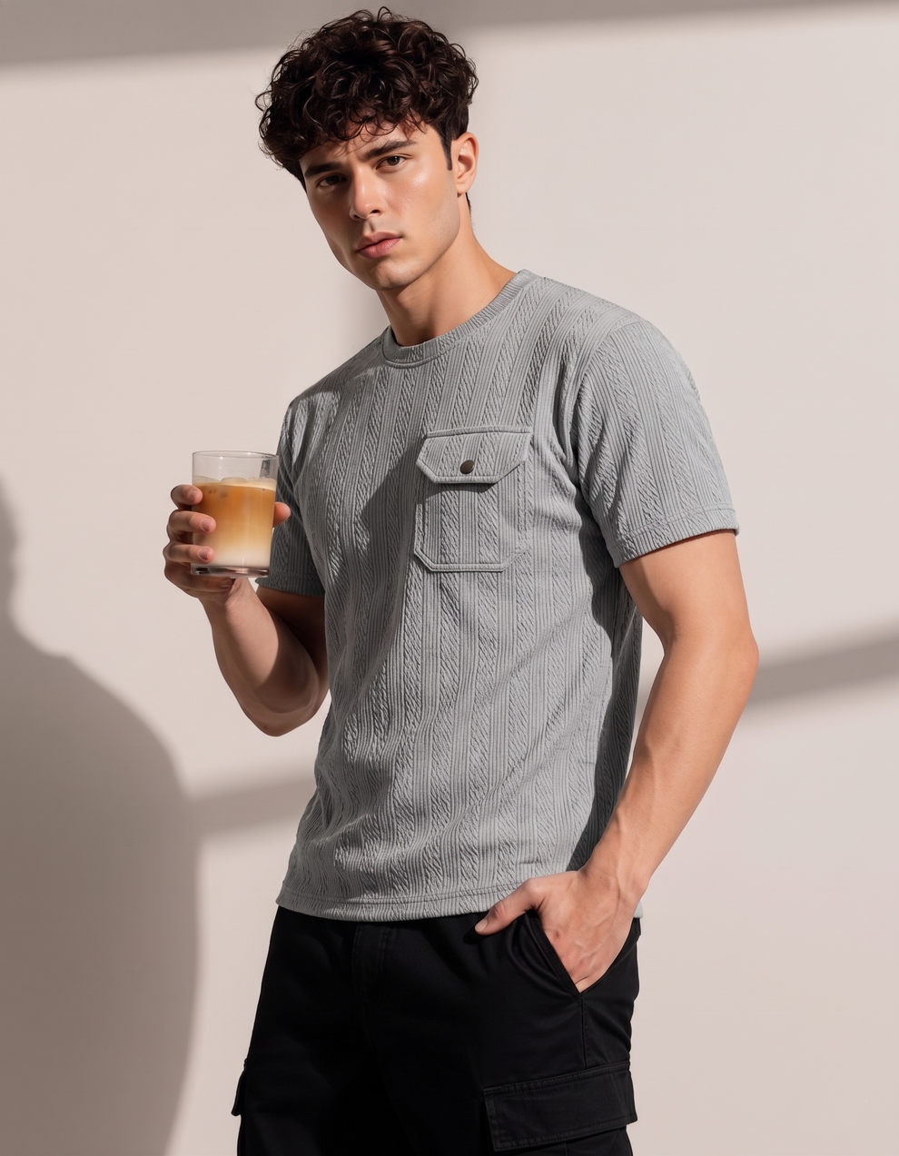 Man holding a glass of iced coffee against a plain background