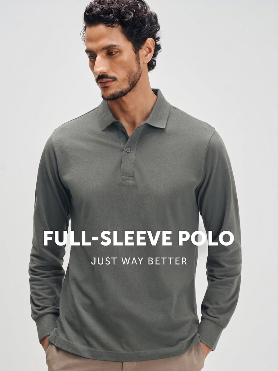 Man wearing a gray long-sleeve polo shirt with text on a light gray background