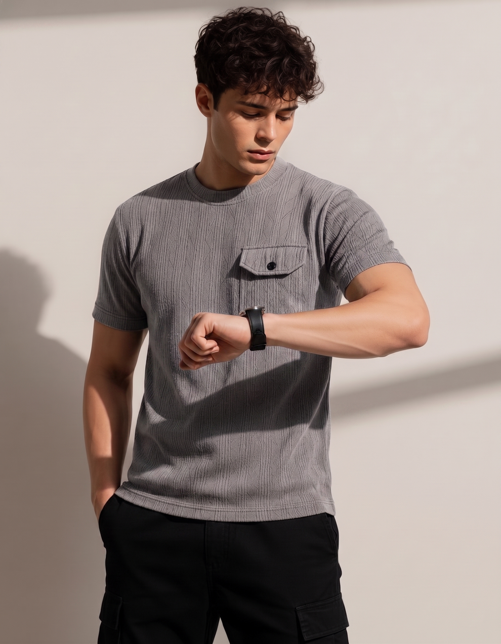 Man wearing a gray t-shirt with a pocket and black pants against a plain background