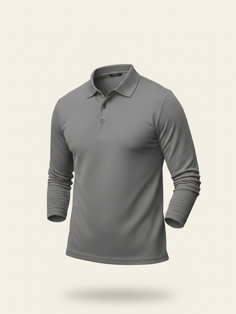 Gray long-sleeve polo shirt on a beige background