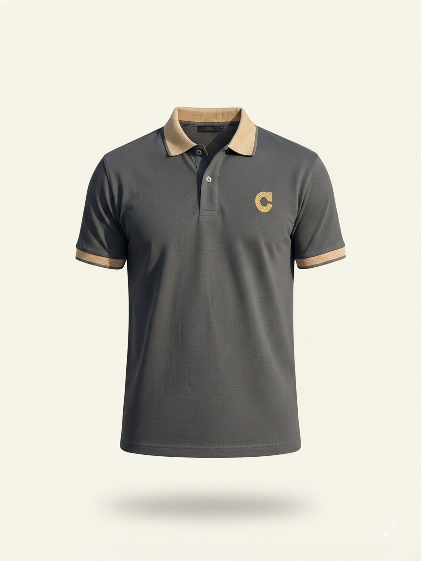 Gray polo shirt with beige accents on a light beige background