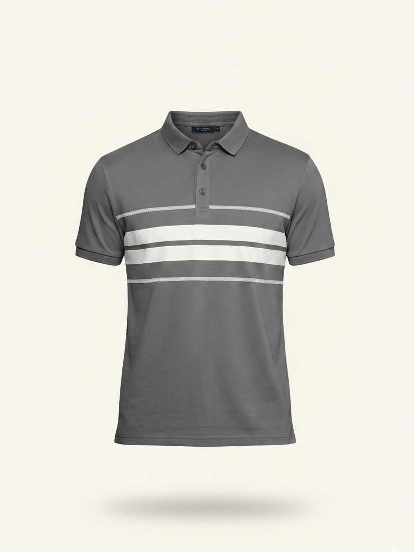 Gray polo shirt with white stripes on a light beige background