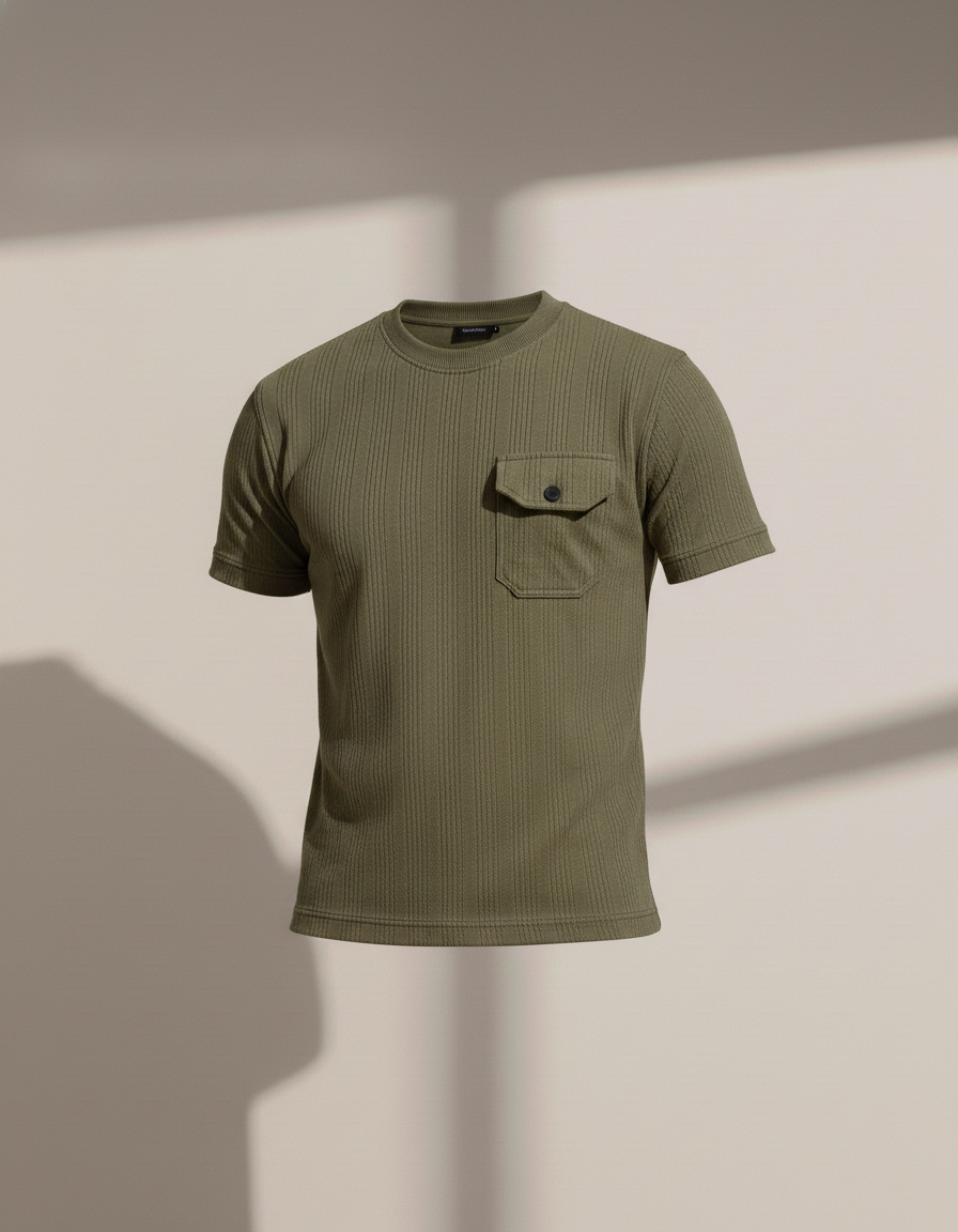 Green t-shirt with a pocket on a neutral background