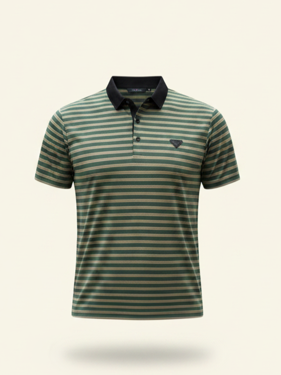 Green and beige striped polo shirt on a light beige background