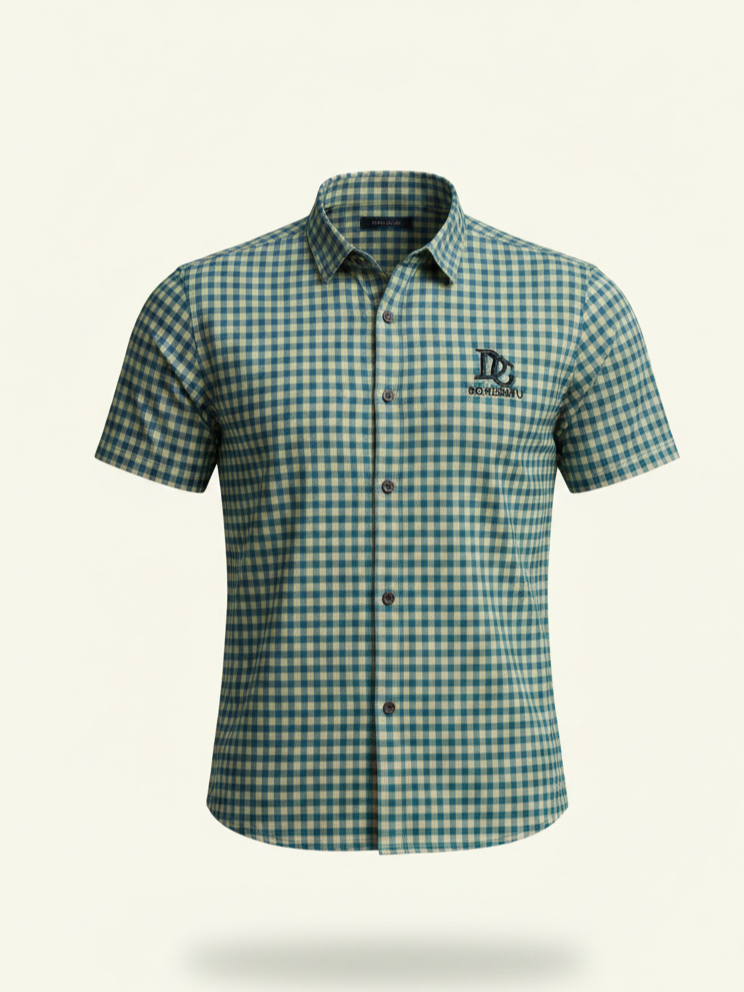 Green and blue checkered shirt with a brand logo on a beige background