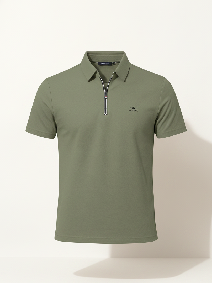 Green polo shirt with a brand logo on a white background