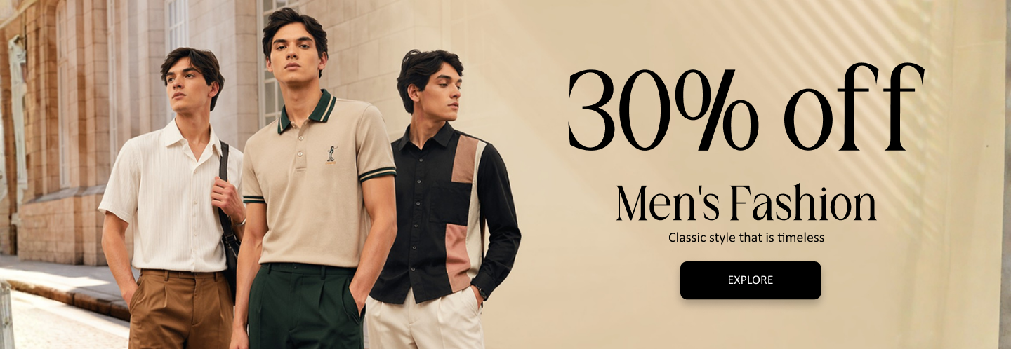 Three men in polo shirts standing next to "30% off Men's Fashion" text.