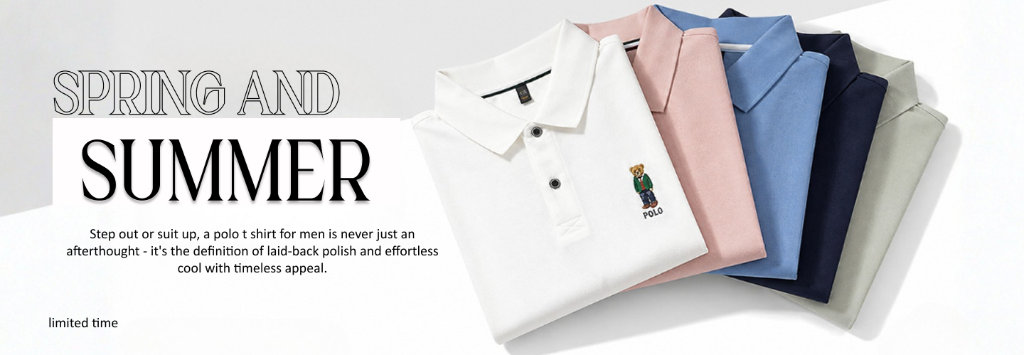 Spring and Summer collection banner featuring a stack of colorful polo shirts.