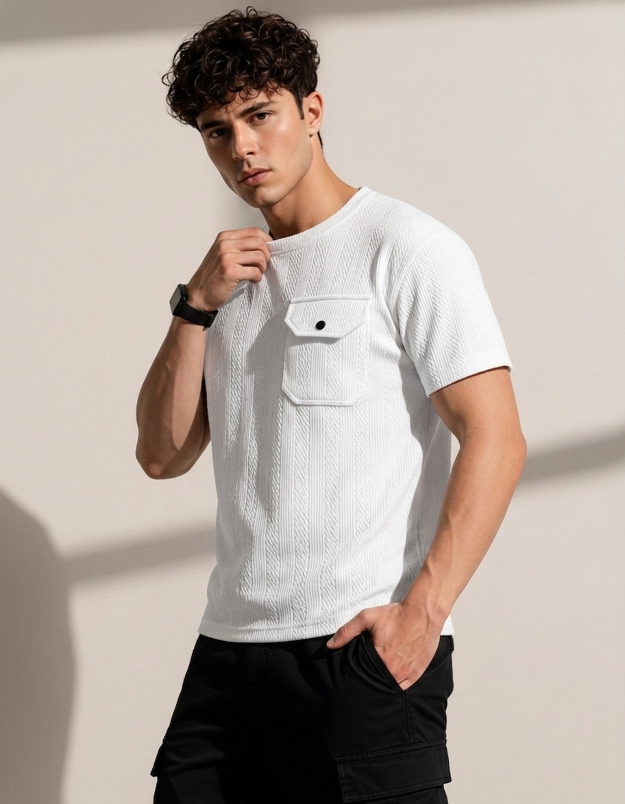 Man wearing a white textured t-shirt with a pocket on a beige background