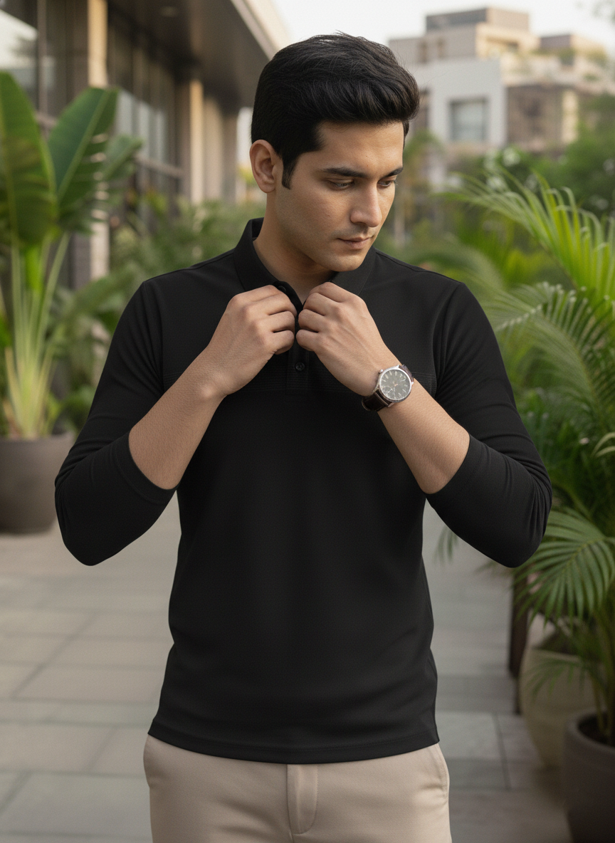 Man adjusting his black shirt outdoors with plants and buildings in the background