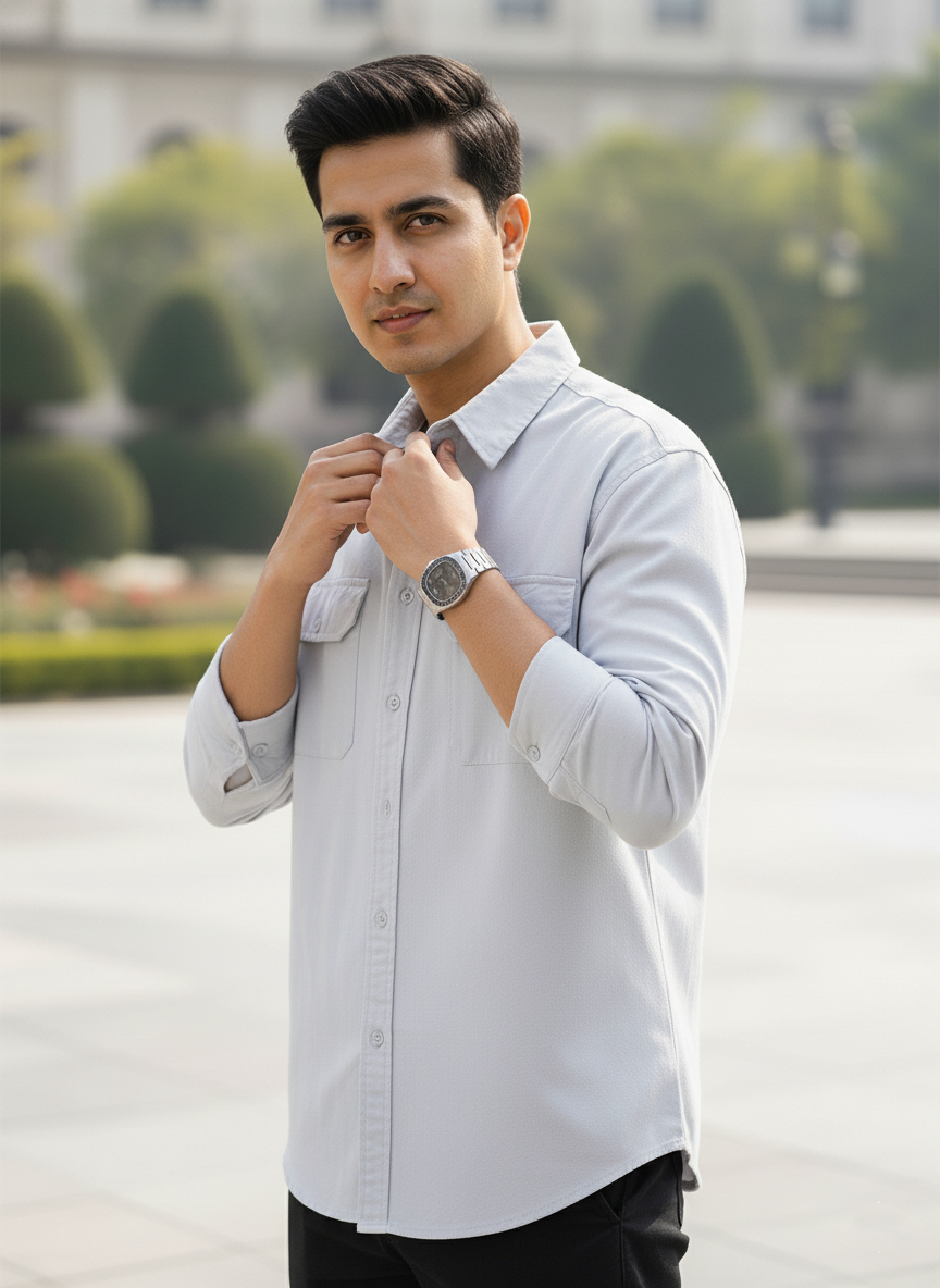 Man adjusting his shirt outdoors with greenery in the background