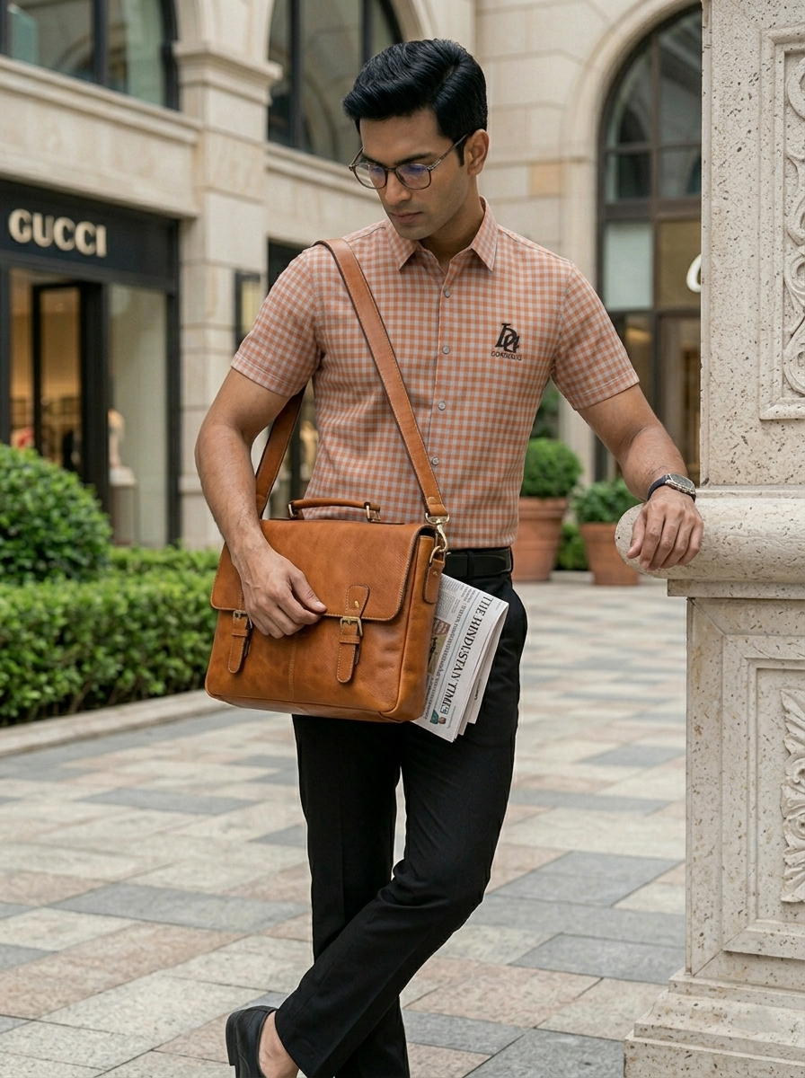 Man holding a brown leather bag and a newspaper in an urban setting with Gucci store in the background.
