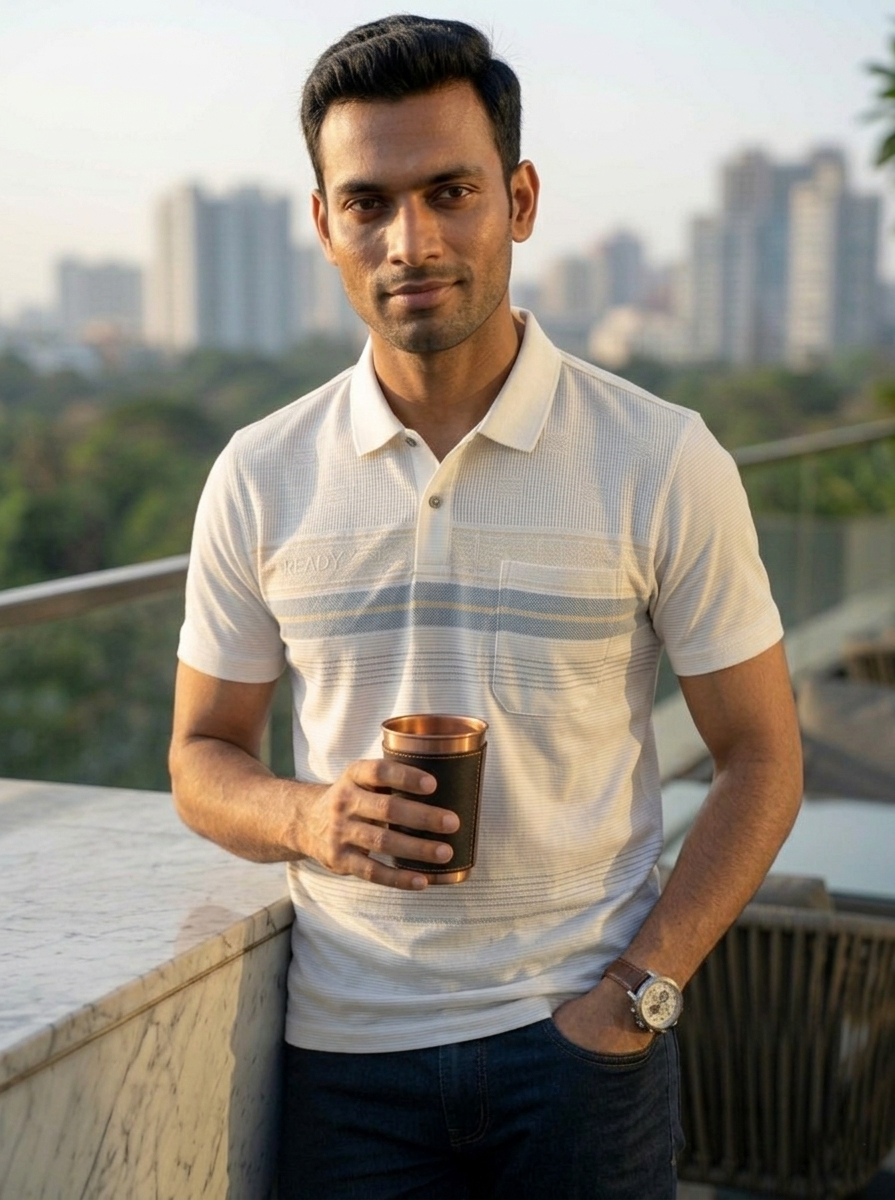 Man holding a cup outdoors with a cityscape in the background