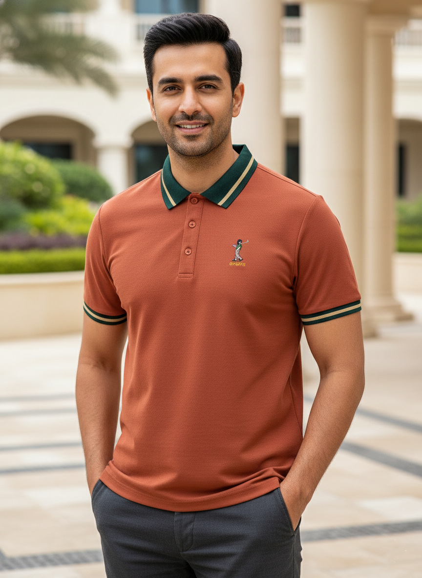 Man wearing a Orange polo shirt with green accents in an outdoor setting