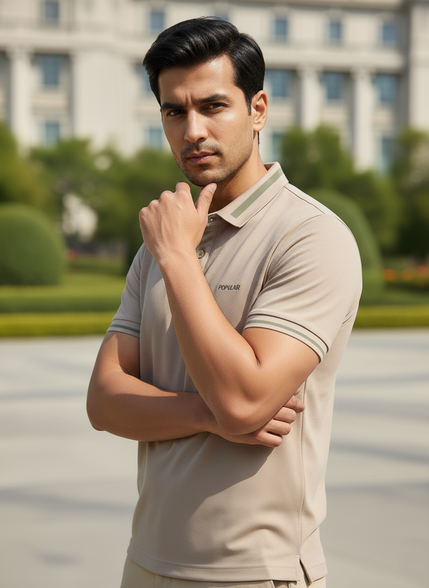 Man wearing a beige polo shirt with a blurred background of trees and buildings