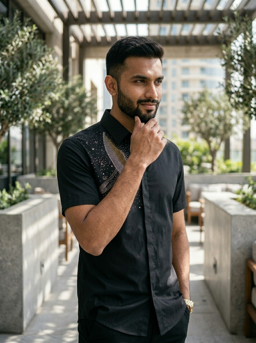 Man in a black shirt standing outdoors with greenery and buildings in the background