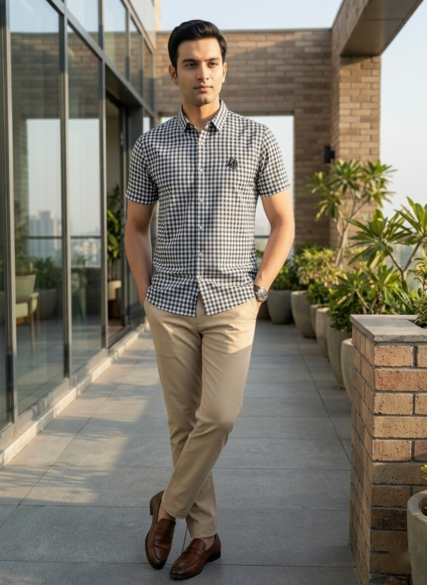 Man in a checkered shirt and beige pants standing on a rooftop with plants and building in the background