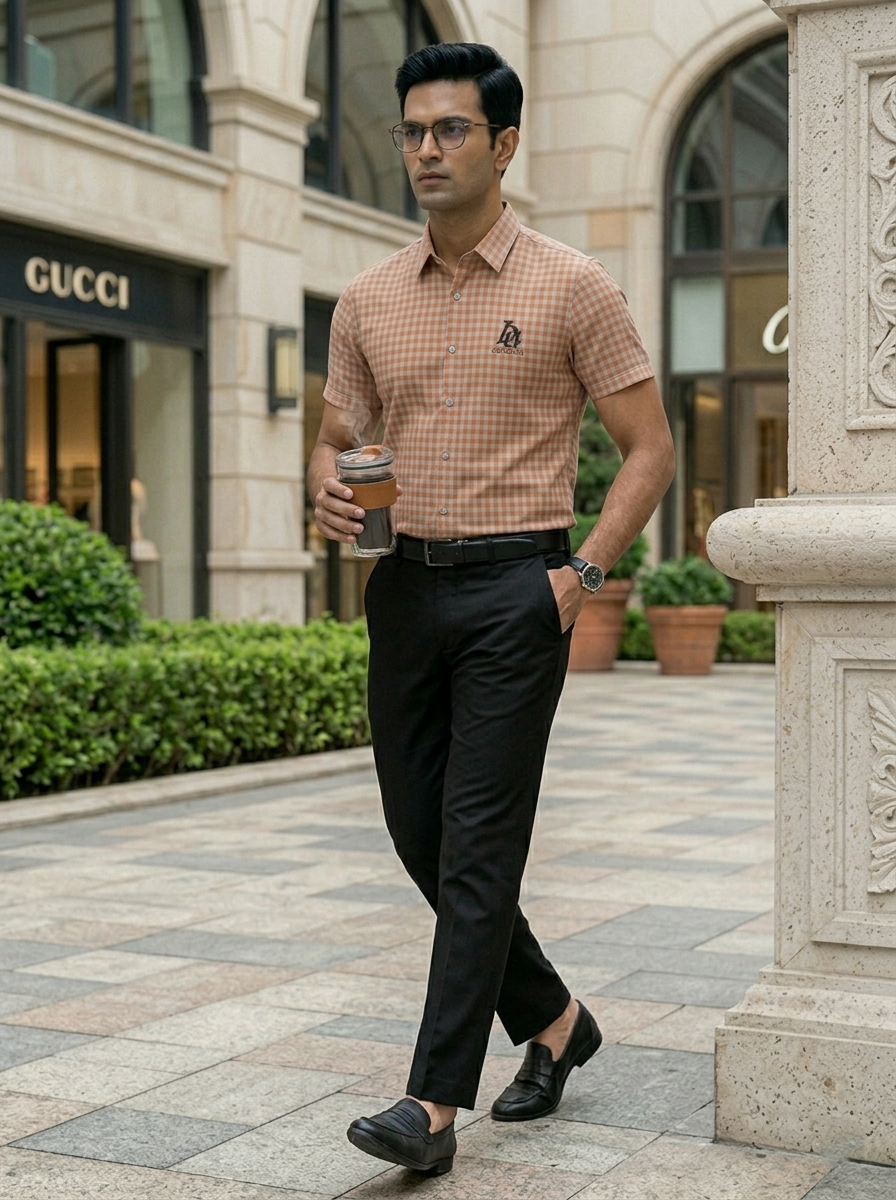 Man in a checkered shirt and black pants walking on a sidewalk with a Gucci store in the background.