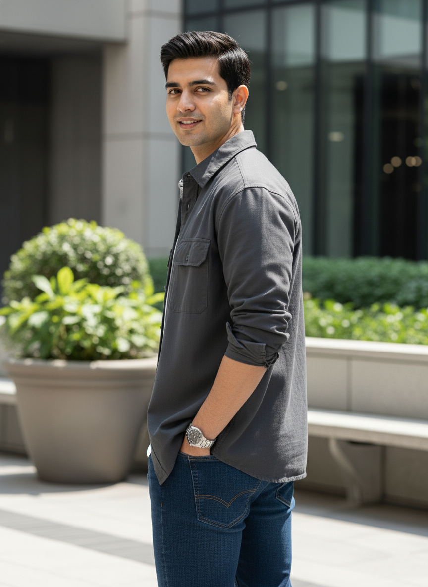 Man in a gray shirt and blue jeans standing outdoors with plants and a building in the background