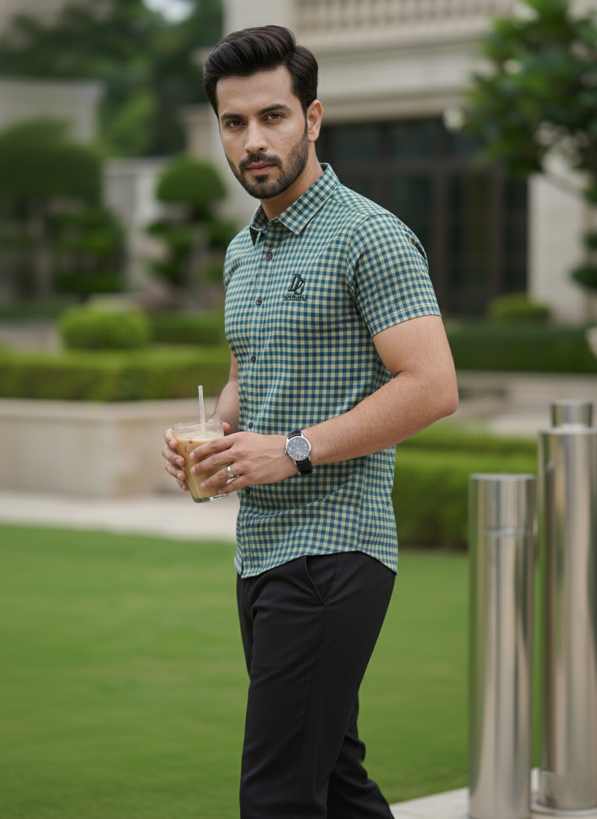 Man in a green checkered shirt holding a drink outdoors