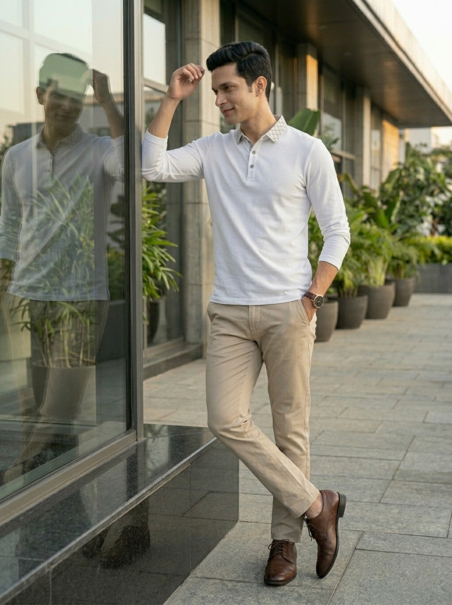 Man in a light gray polo shirt and beige pants standing next to a glass building with plants.
