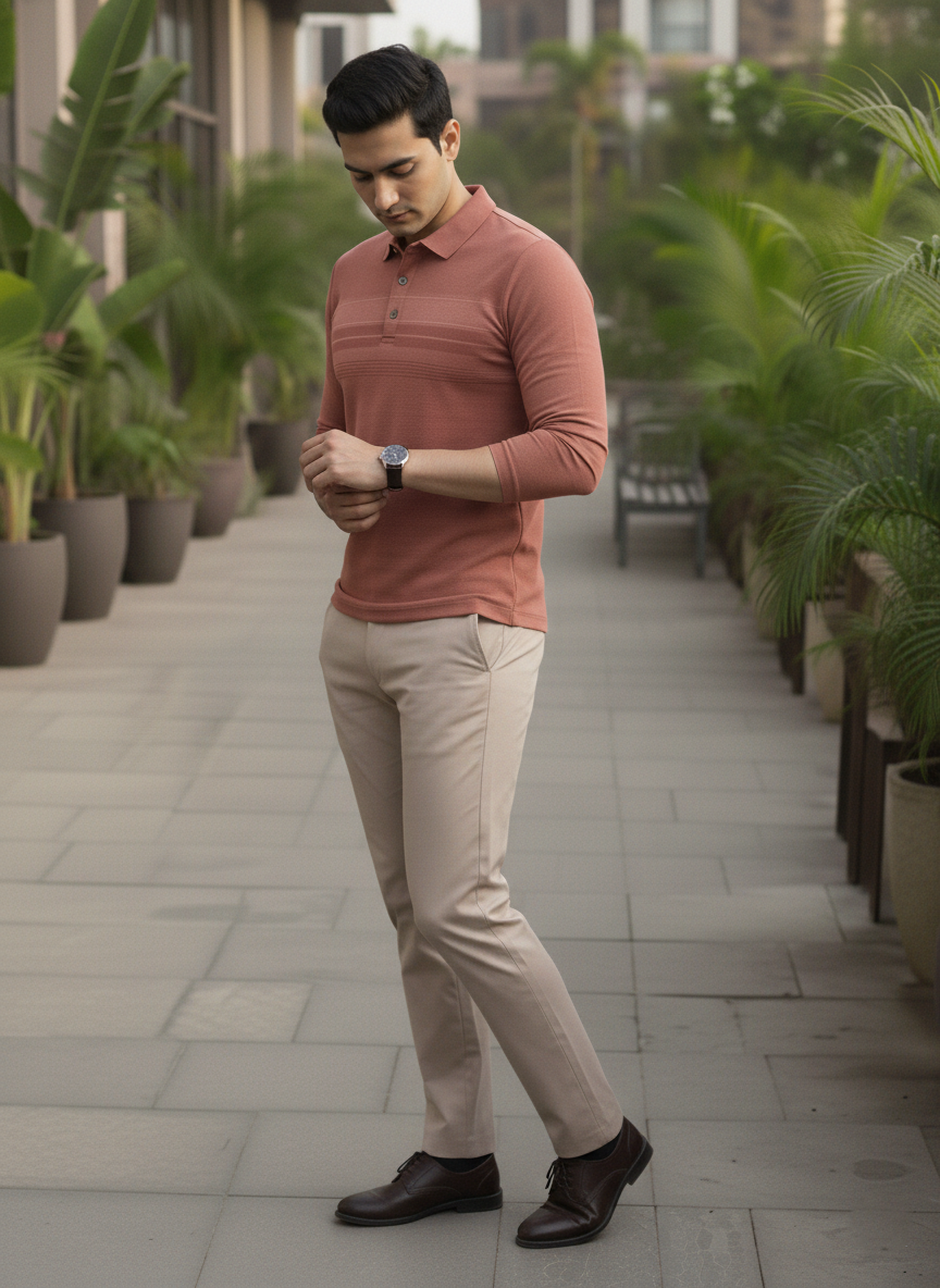 Man in a peach shirt and beige pants standing on a patio with plants in the background