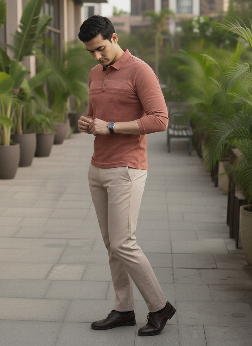 Man in a pink shirt and beige pants standing on a patio with plants in the background