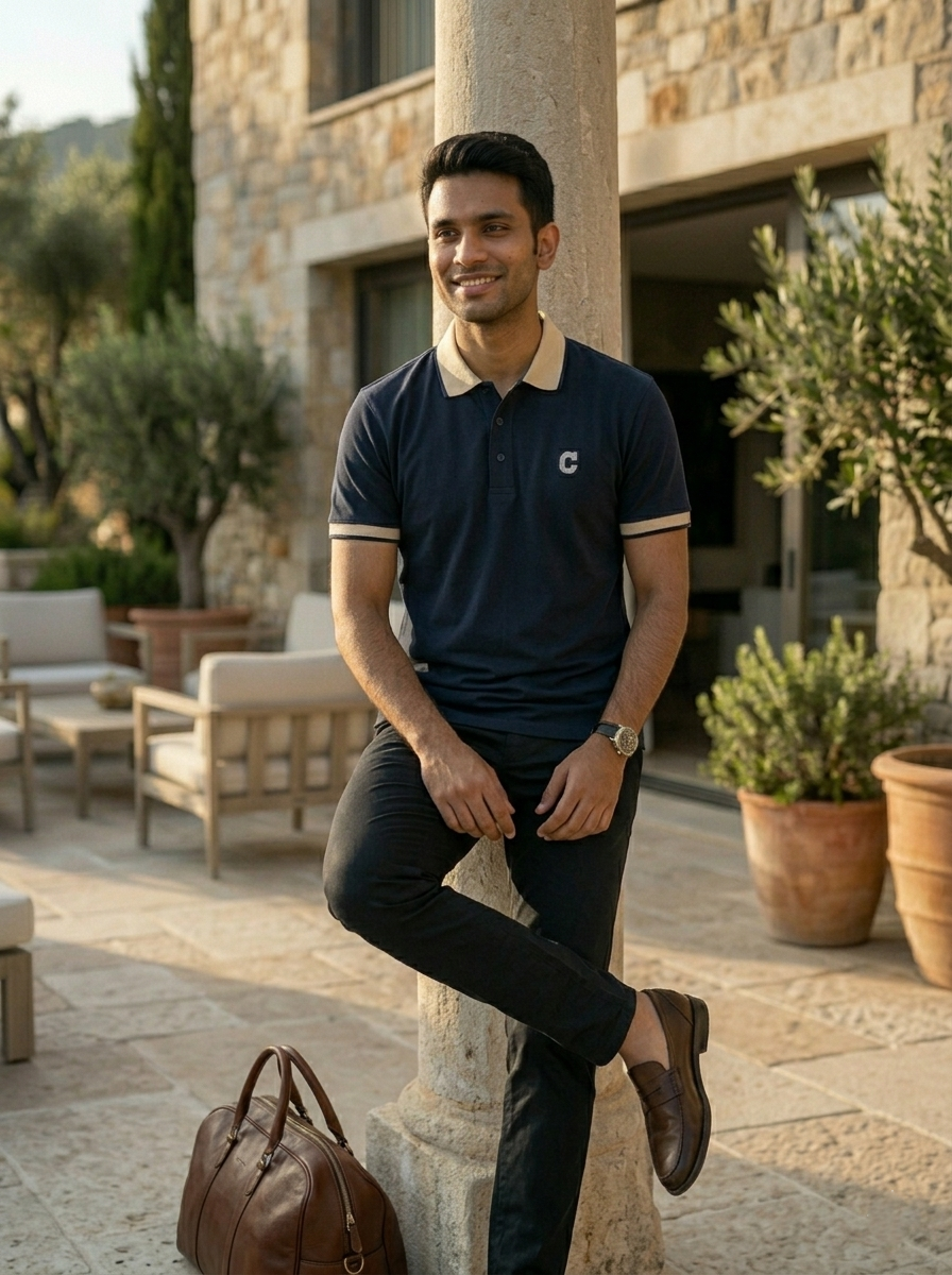 Man in a polo shirt and jeans standing outdoors with a building and plants in the background