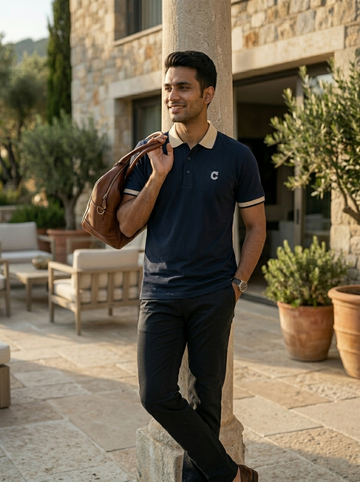 Man in a polo shirt holding a leather bag outdoors