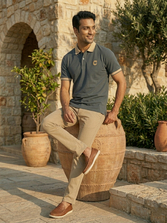 Man in a polo shirt and beige pants standing next to a stone wall and barrel.
