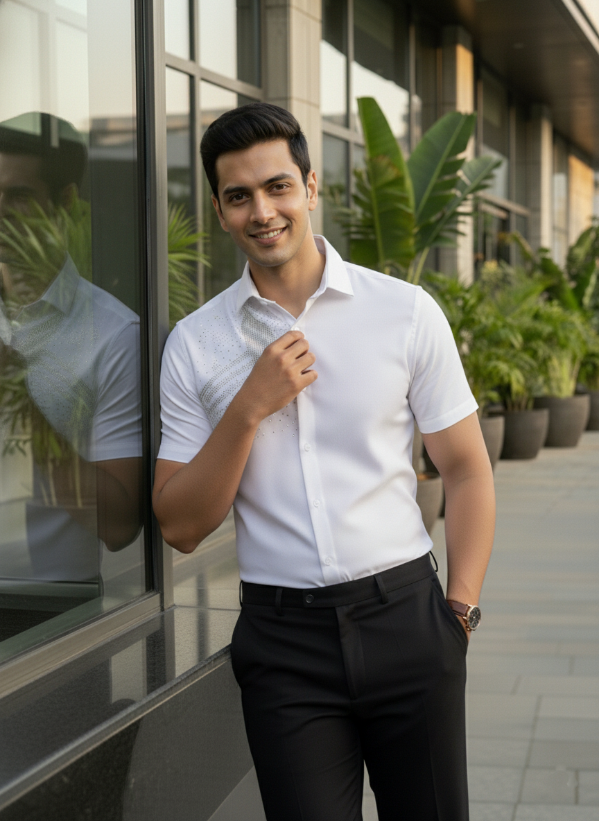 Man in a white shirt and black pants standing in front of a modern building with plants.