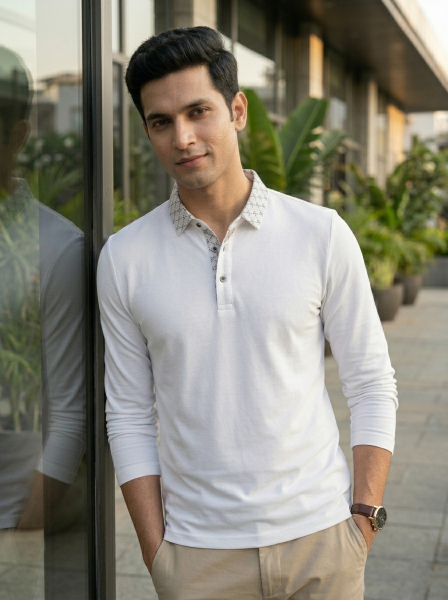 Man in a white shirt standing outdoors with plants in the background