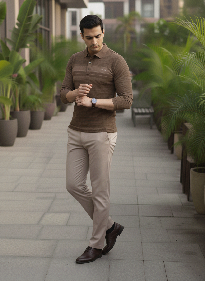 Man in brown shirt and beige pants walking outdoors with plants in the background