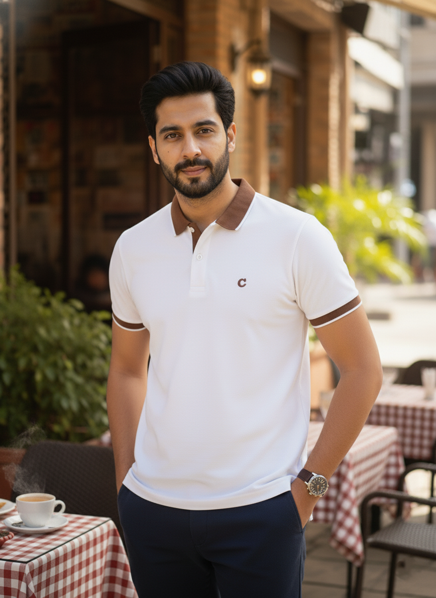 Man in a white polo shirt standing outdoors with tables and chairs in the background