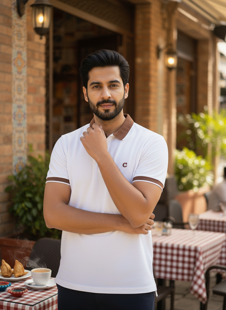 Man in a white polo shirt standing outdoors with tables and chairs in the background