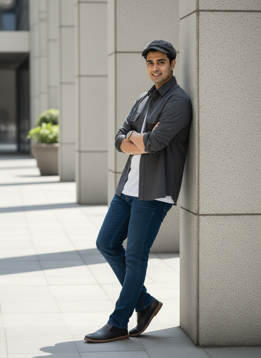 Man leaning against a building wall with a casual pose