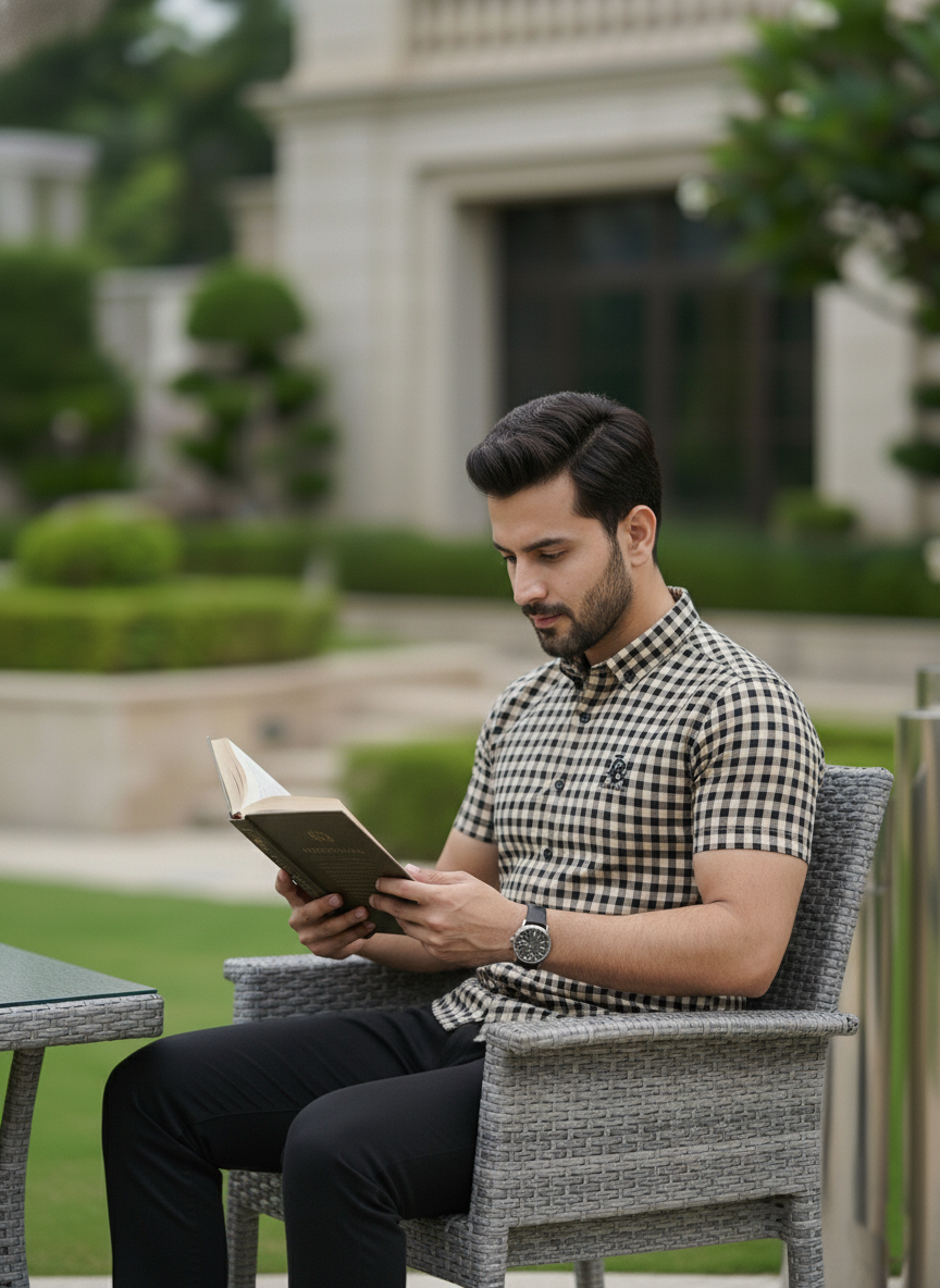Man reading a book outdoors in a garden setting