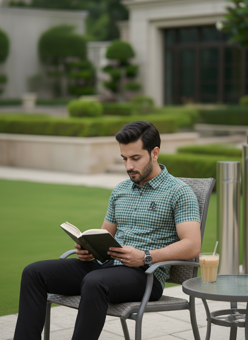 Man reading a book outdoors in a garden setting