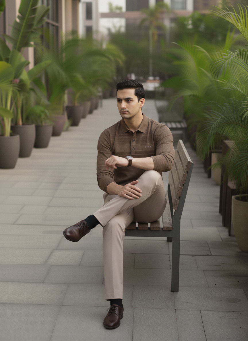 Man sitting on a bench in an outdoor setting with plants and buildings in the background