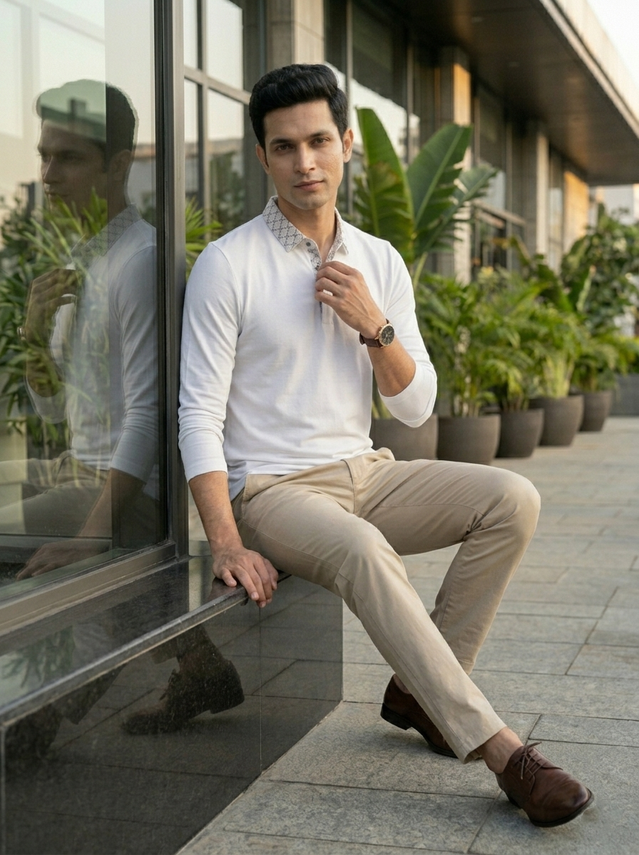 Man sitting on a ledge with plants and a building in the background