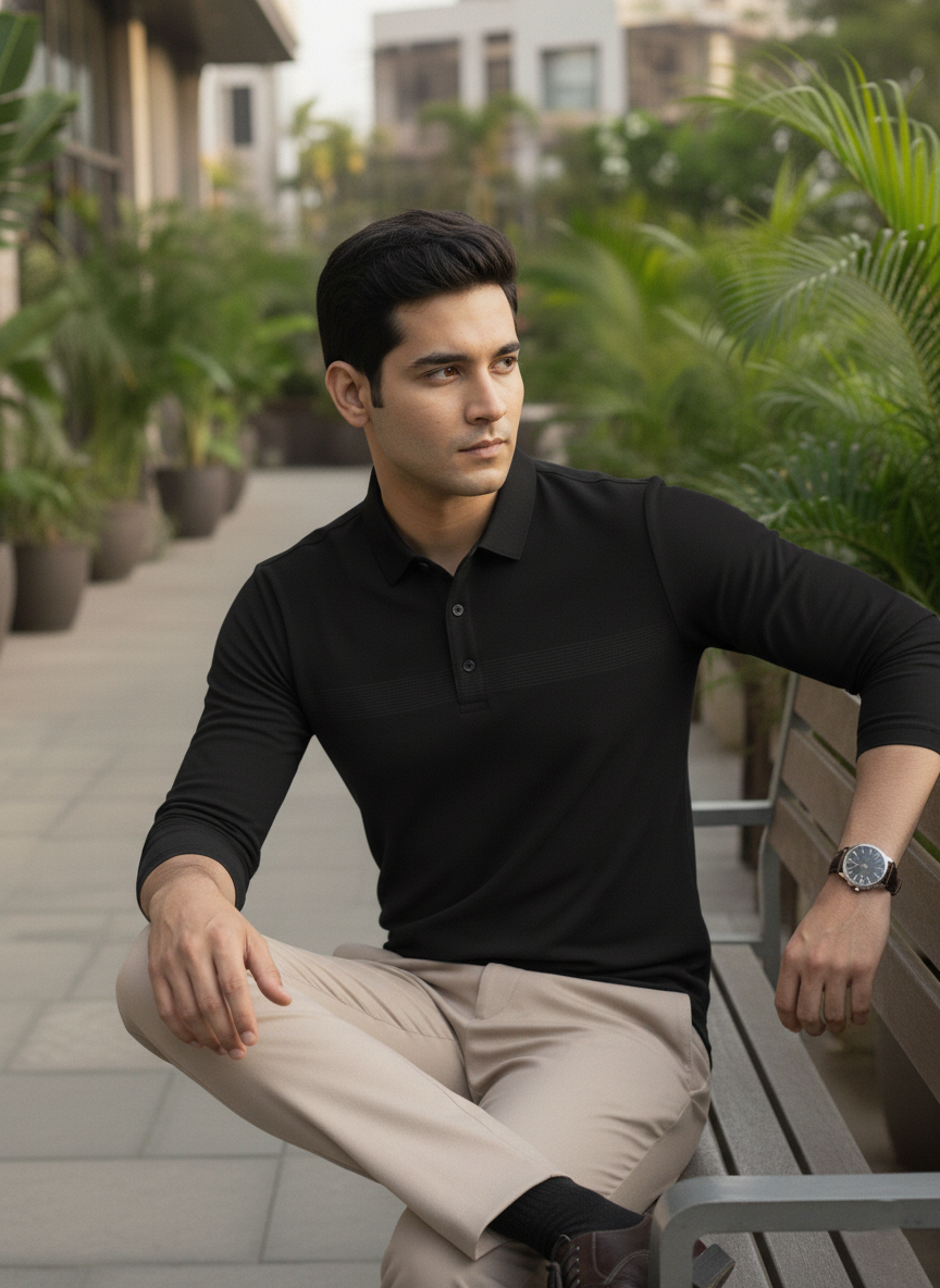 Man sitting on a bench outdoors with greenery and buildings in the background