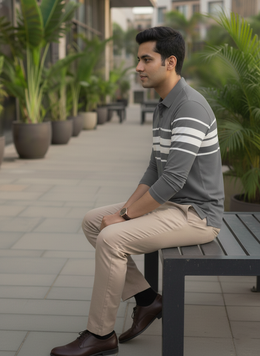 Man sitting on a bench outdoors with plants in the background