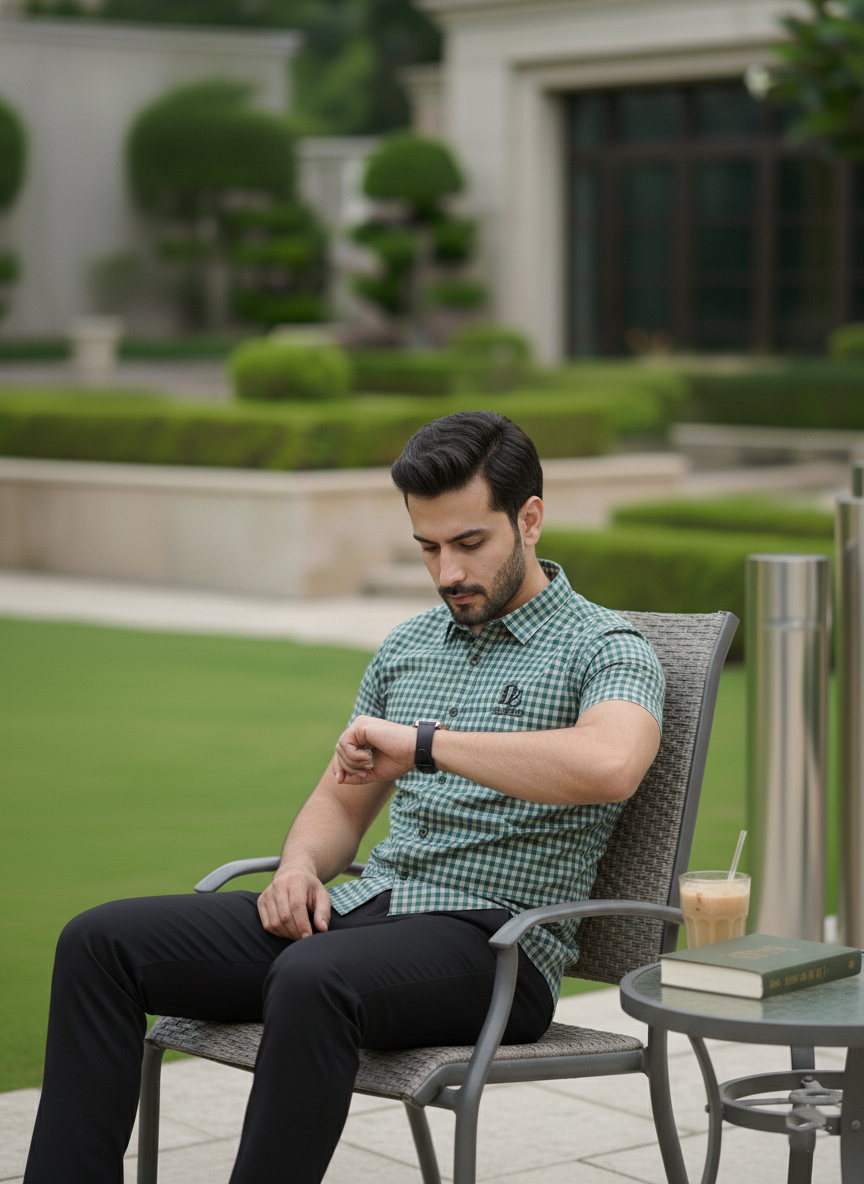 Man sitting outdoors in a garden setting, looking at his watch.
