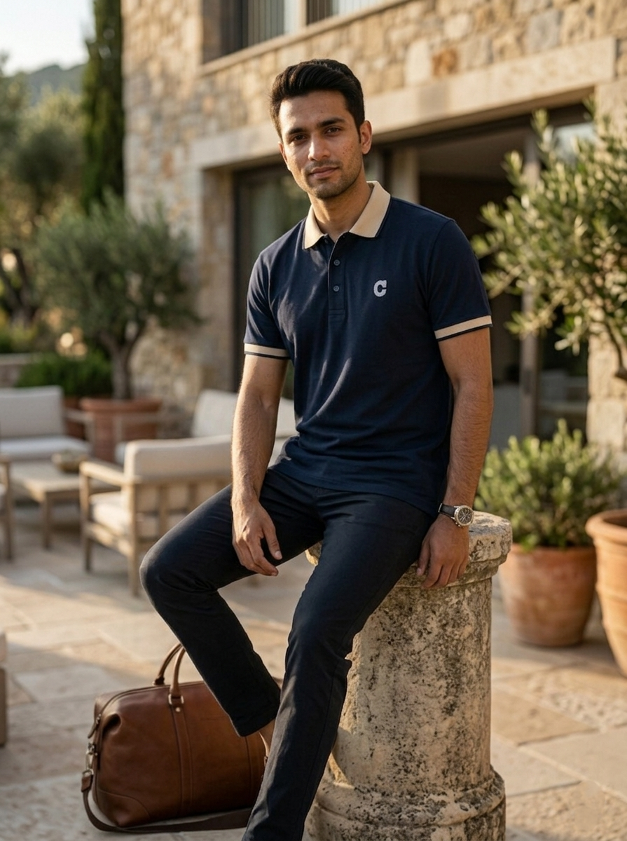 Man sitting outdoors with a stone wall and plants in the background