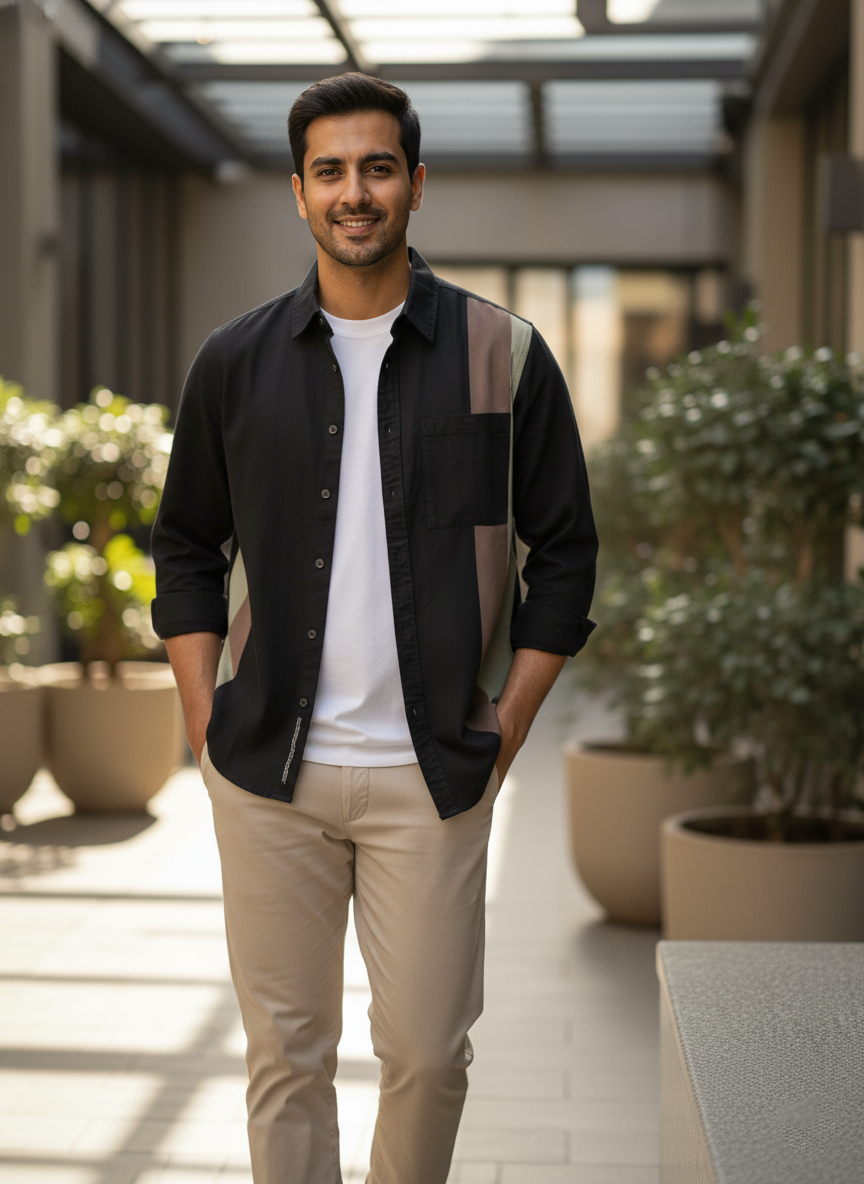 Man standing in an outdoor setting with plants and a building in the background