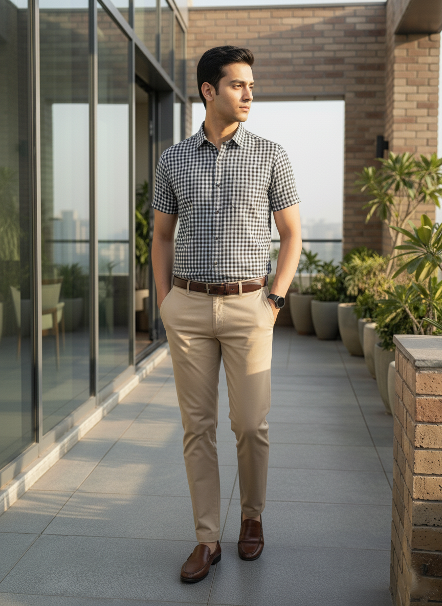Man standing on a rooftop with modern architectural elements and plants.