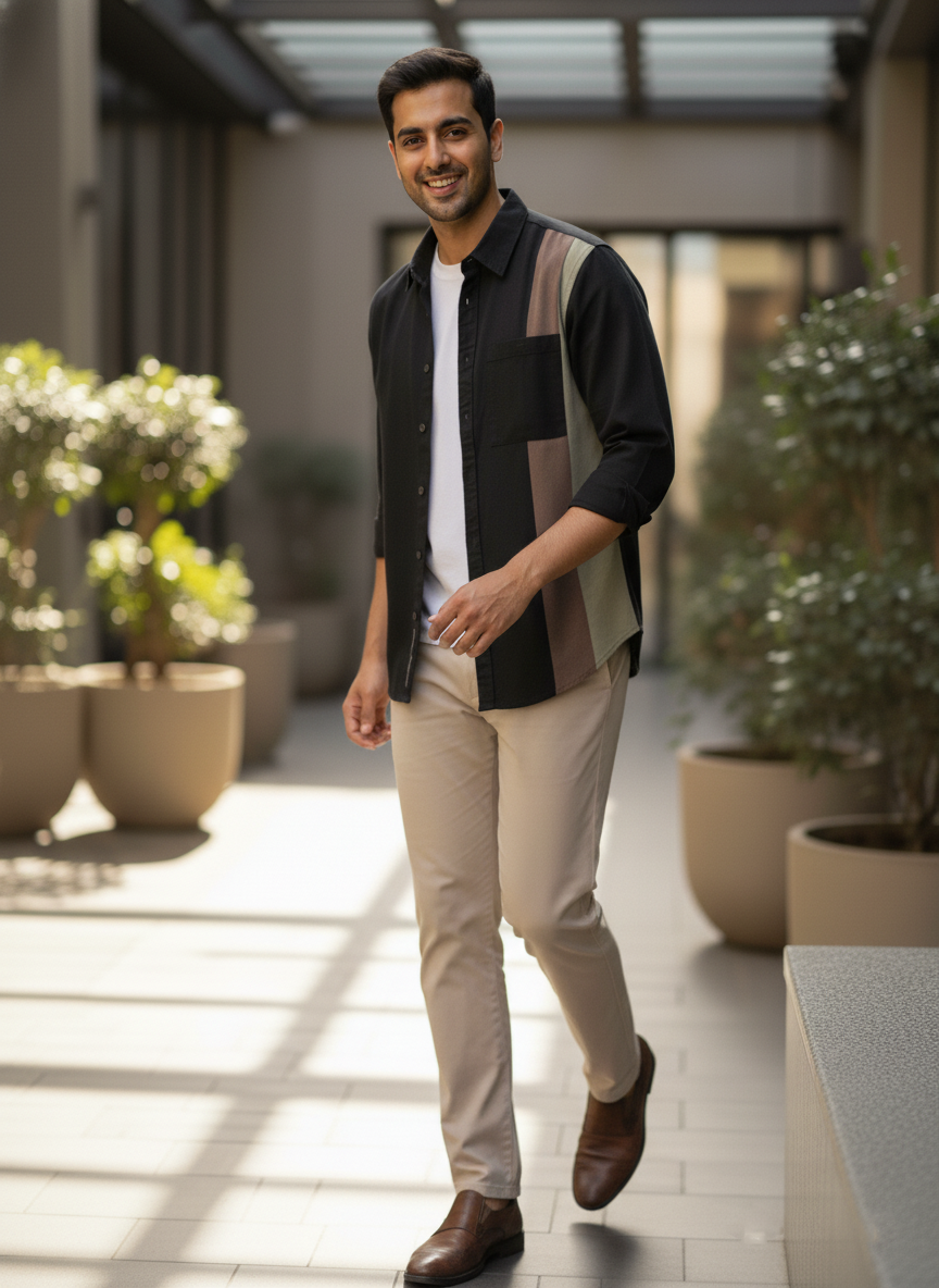 Man standing outdoors with plants and a building in the background