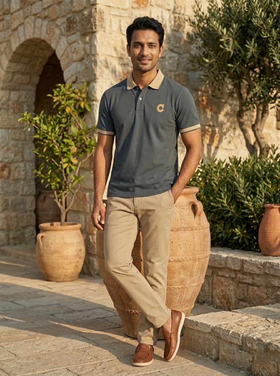 Man standing outdoors with stone wall and potted plants in the background